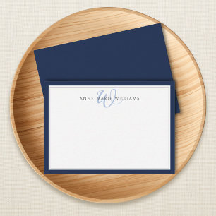 Tarjeta Pequeña Monograma Minimalista de Dos Bordes Azul Marino