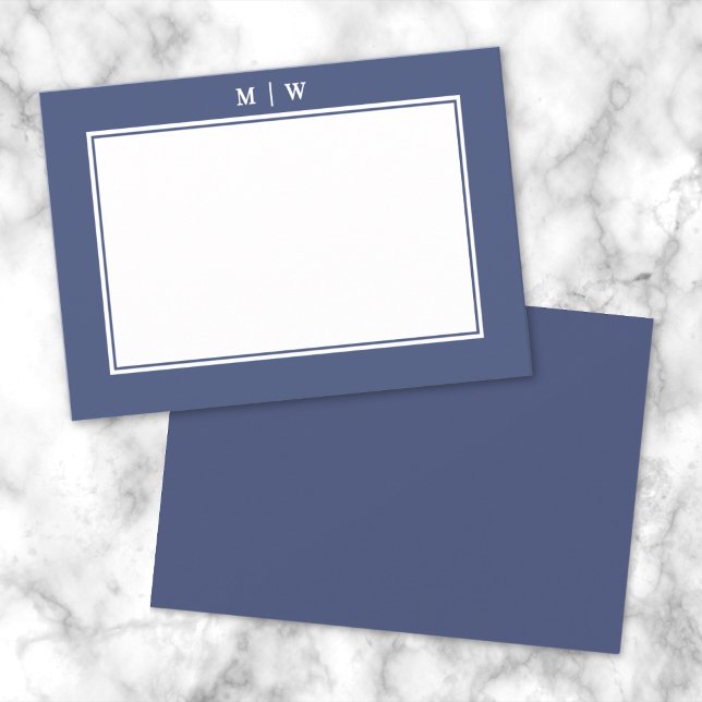 Tarjeta Pequeña Monograma Minimalista de dos bordes azul marino (Navy Blue Two Border Minimalist Monogram Note Card )
