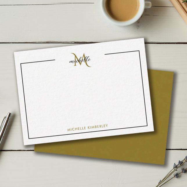 Tarjeta Pequeña Monograma mínimo de Moda negro y oro (Minimal Chic Black and Gold Monogram Note Card)