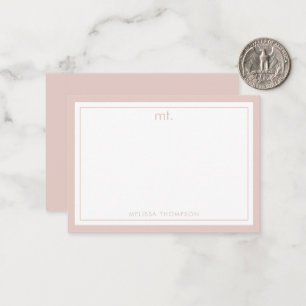 Tarjeta Pequeña Monograma moderno de doble borde rosado minimalist