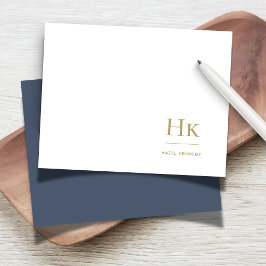 Tarjeta Pequeña Monograma Navy Blue Gold Elegante Social Notecard