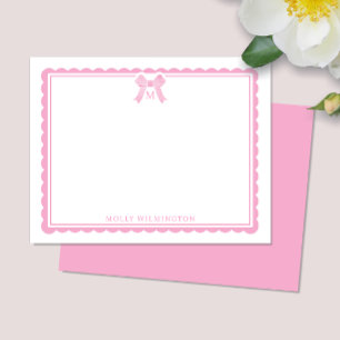 Tarjeta Pequeña Monograma Preppy de Lazo Rosa Bubblegum Acuarela