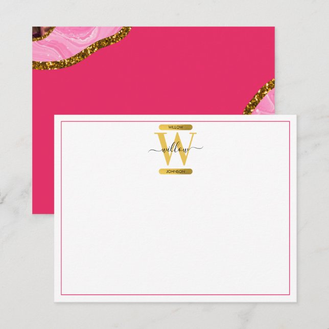 Tarjeta Pequeña Monograma Purpurina de Geode de Agate Rosado y Oro (Anverso / Reverso)