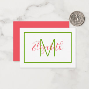 Tarjeta Pequeña Monograma rosa y verde precoz