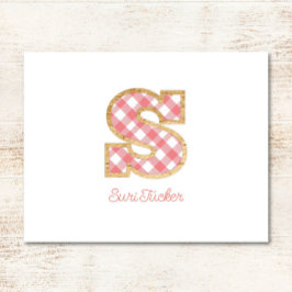 Tarjeta Pequeña Monograma ruso "S" Rosa Gingham Wood Chica