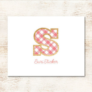 Tarjeta Pequeña Monograma ruso "S" Rosa Gingham Wood Chica