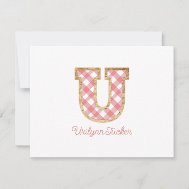 Tarjeta Pequeña Monograma rustico de adormidera "U" Rosa Gingham W (Anverso)