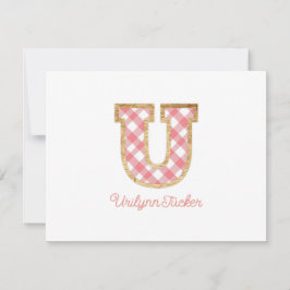Tarjeta Pequeña Monograma rustico de adormidera "U" Rosa Gingham W