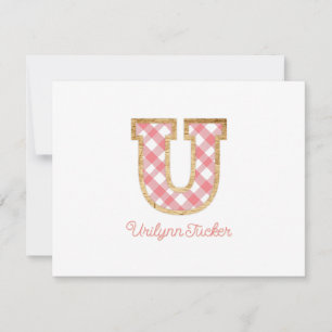 Tarjeta Pequeña Monograma rustico de adormidera "U" Rosa Gingham W