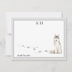 Tarjeta Pequeña Monograma siberiano Huskie Gray Border Personaliza