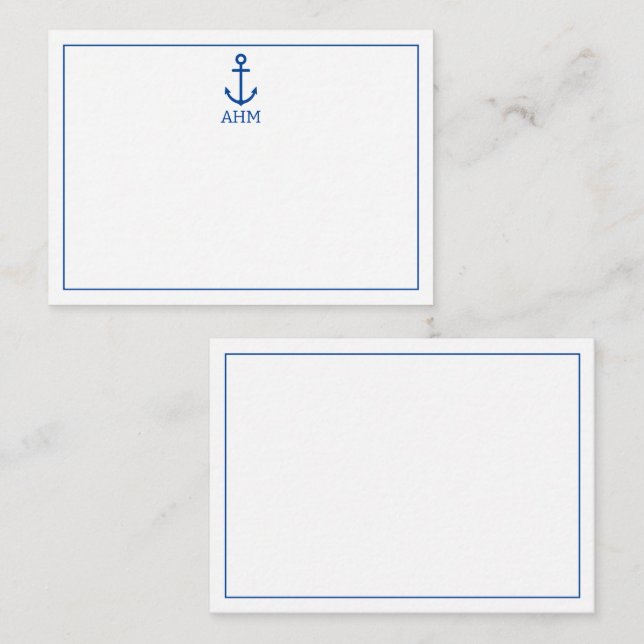 Tarjeta Pequeña Monograma simple de ancla náutica azul y blanca (Anverso / Reverso)