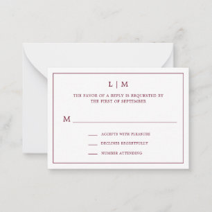 Tarjeta Pequeña Monograma simple de Borgoña Elegante Mini Boda RSV