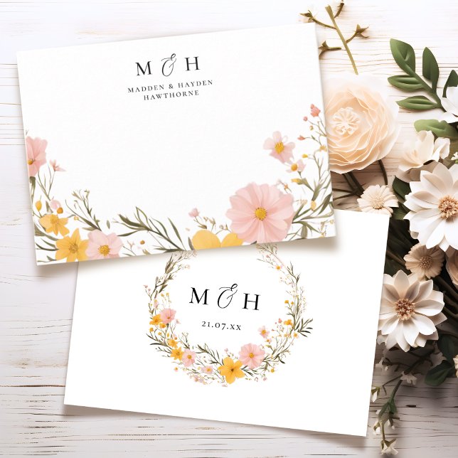 Tarjeta Pequeña Monograma simple moderno Boda de flores silvestres (Subido por el creador)