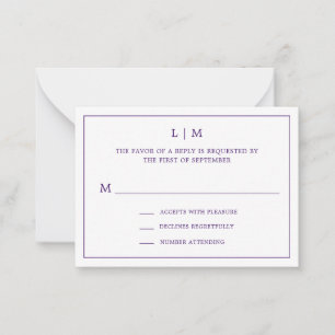 Tarjeta Pequeña Monograma simple púrpura Elegante Mini Boda RSVP