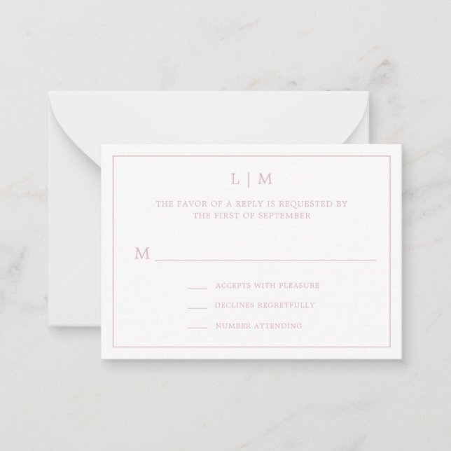 Tarjeta Pequeña Monograma simple rosa claro Mini Wedding RSVP (Anverso)