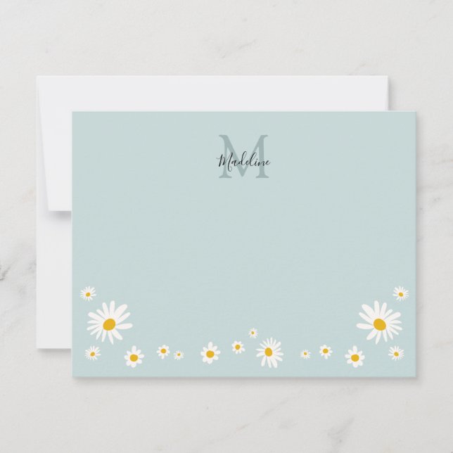 Tarjeta Pequeña Monograma Verde azulado moderno de flor de margari (Anverso)