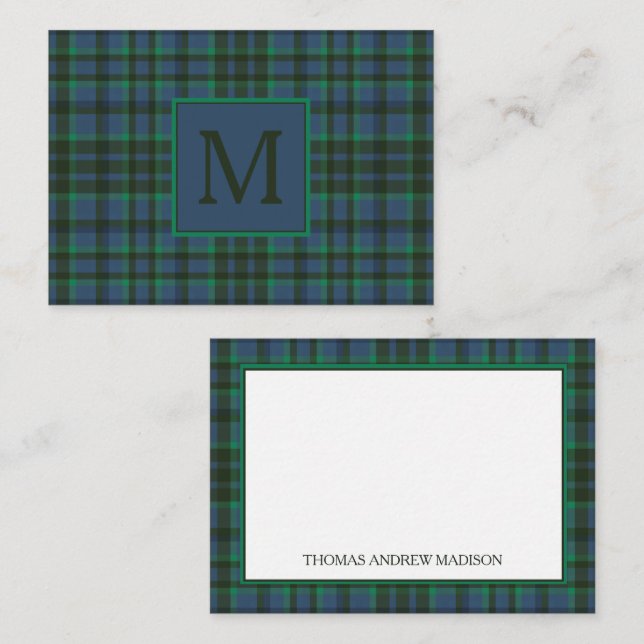 Tarjeta Pequeña Monograma verde y azul preppy (Anverso / Reverso)