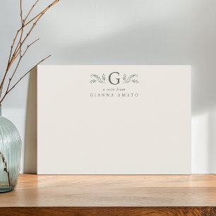 Tarjeta Pequeña Monograma y nombre botánico verde y crema