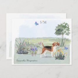 Tarjeta Pequeña Monograma y nombre de mariposa de perro beagle