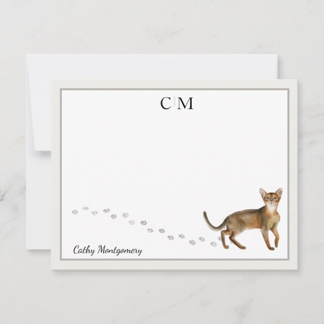 Tarjeta Pequeña Monograma y nombre del borde gris del gato abisino (Anverso)