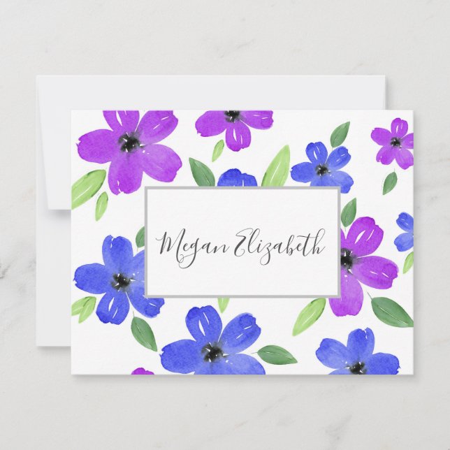 Tarjeta Pequeña Morado y azul acuarela Floral Motif (Anverso)