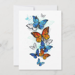 Tarjeta Pequeña Morfo y monarca de las mariposas voladoras