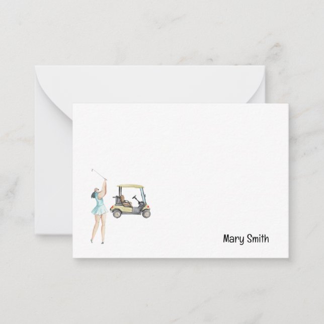 Tarjeta Pequeña Mujer de golf con carrito de golf (Anverso)