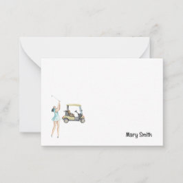 Tarjeta Pequeña Mujer de golf con carrito de golf