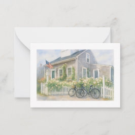 Tarjeta Pequeña Nantucket Watercolor Cottage costero con flores