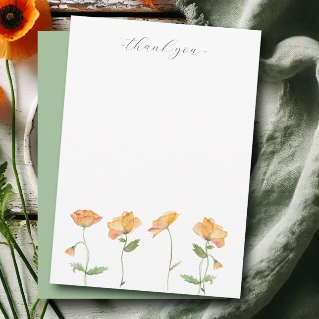 Tarjeta Pequeña Naranja de acuarela Poppies Gracias Stationery (Wedding thank you notecard watercolor orange poppy flowers art by Victoria Grigaliunas)