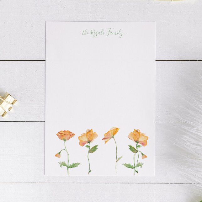 Tarjeta Pequeña Naranja de acuarela Poppies Stationery personaliza (note card with watercolor poppies in shades of orange personalized with your name.)