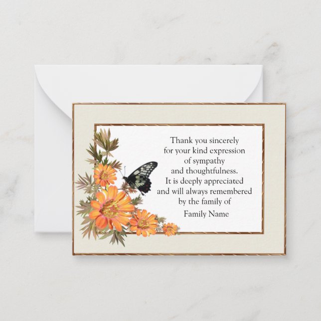 Tarjeta Pequeña Naranja Flor Y Mariposa Gracias Cartas (Anverso)