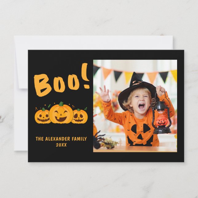 Tarjeta Pequeña Naranja fotográfico familiar calabazas boo negro d (Anverso)