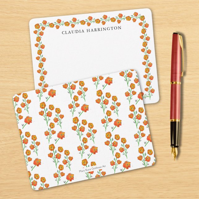 Tarjeta Pequeña Naranja Marigolds Botánico Floral Ilustrado A Mano (The reverse of the card is my handcrafted marigold pattern. These cards are perfect for quick notes.)