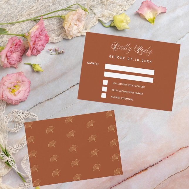 Tarjeta Pequeña Naranja quemado ginkgo deja respuesta boda RSVP (Subido por el creador)