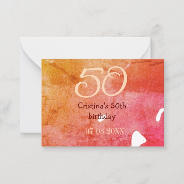 Tarjeta Pequeña Naranja rojo 50 cumpleaños fecha de añadir nombre  (Anverso)