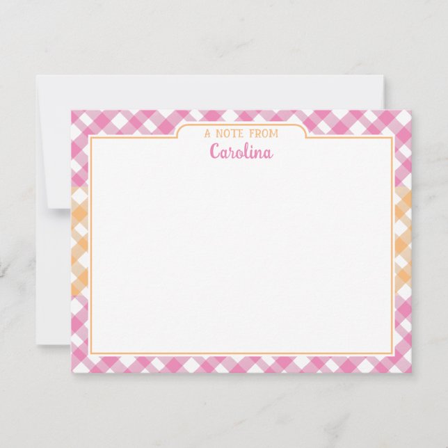 Tarjeta Pequeña Naranja rosa y amarillo Preppy Gingham Stationery (Anverso)