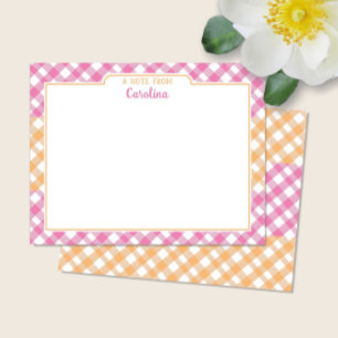 Tarjeta Pequeña Naranja rosa y amarillo Preppy Gingham Stationery