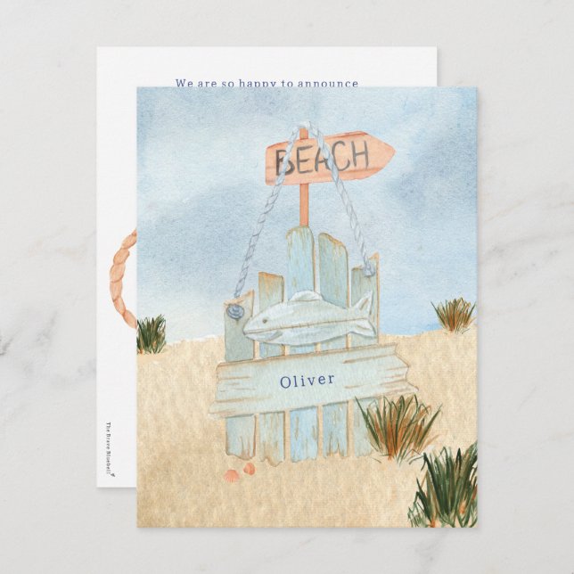 Tarjeta Pequeña Nautical Beach Ocean Lifebuoy Birth Announcement (Anverso / Reverso)