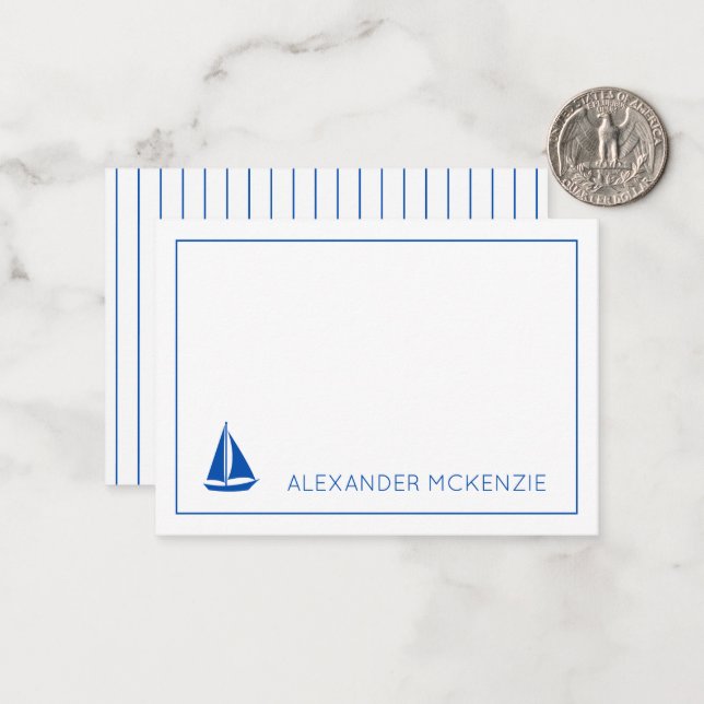 Tarjeta Pequeña Nautical Blue and White Sailboat Personalizado (Anverso/Reverso In Situ)