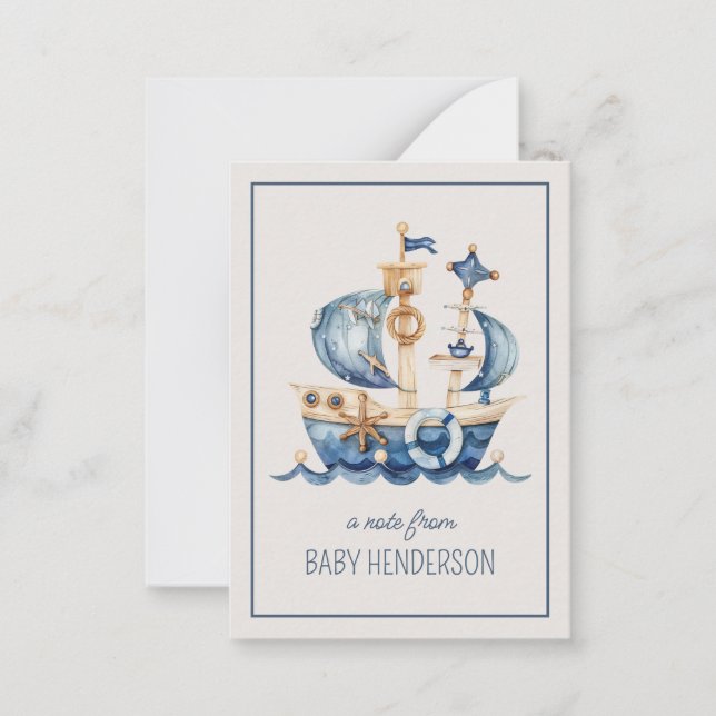 Tarjeta Pequeña Nautical Blue Watercolor Ship Personalizado (Anverso)