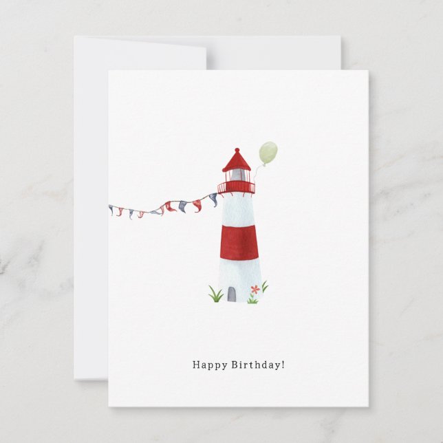 Tarjeta Pequeña Nautical Lighthouse Beach Happy Birthday Balloon (Anverso)