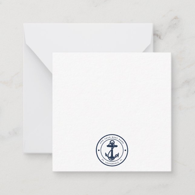 Tarjeta Pequeña Nautical Navy Blue Anchor Boat Name Custom (Anverso)