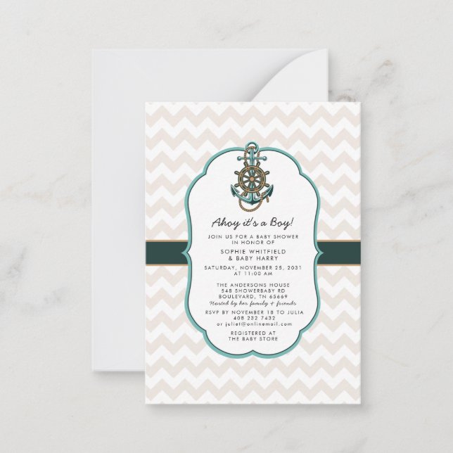 Tarjeta Pequeña Nautical Sailor Ahoy es un niño Baby Shower (Anverso)