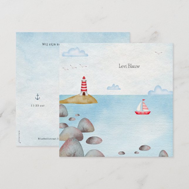 Tarjeta Pequeña Nautisch Geboortekaartje Met Zee & Vuurtoren (Anverso / Reverso)