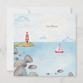 Tarjeta Pequeña Nautisch Geboortekaartje Met Zee & Vuurtoren
