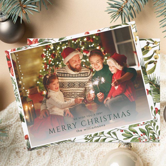 Tarjeta Pequeña Navidades 1 Foto acuarela Berries Floral (Christmas 1 Photo Watercolor Berries Floral Note Card)