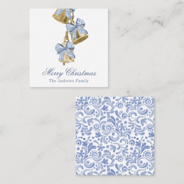 Tarjeta Pequeña Navidades acuáticos Blue Chinoiserie Bow Bells (Anverso / Reverso)