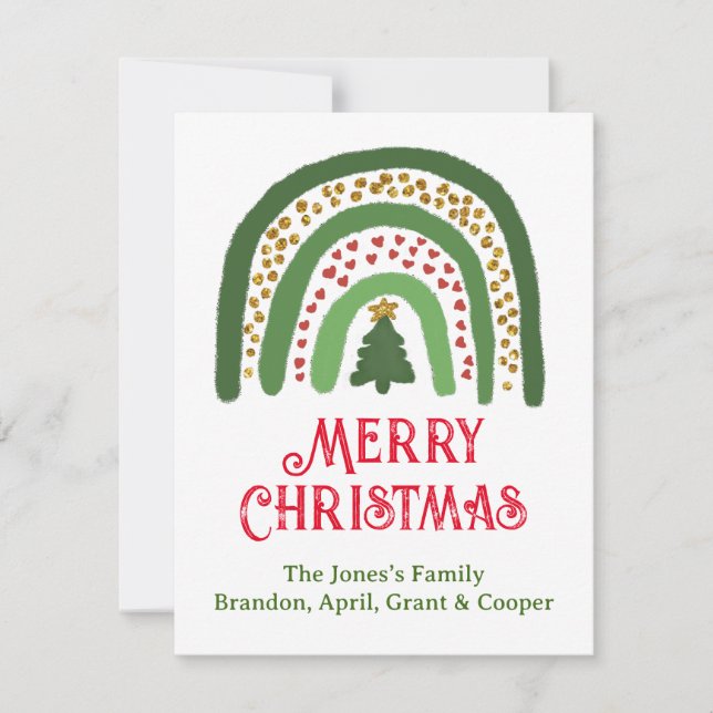 Tarjeta Pequeña Navidades arco iris purpurina oro rojo verde (Anverso)
