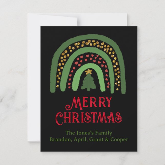 Tarjeta Pequeña Navidades arco iris purpurina oro rojo verde (Anverso)